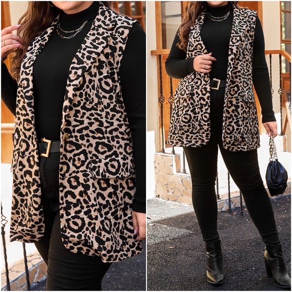 Plus Leopard Print Pocket Button up Vest - Picture 2 of 3